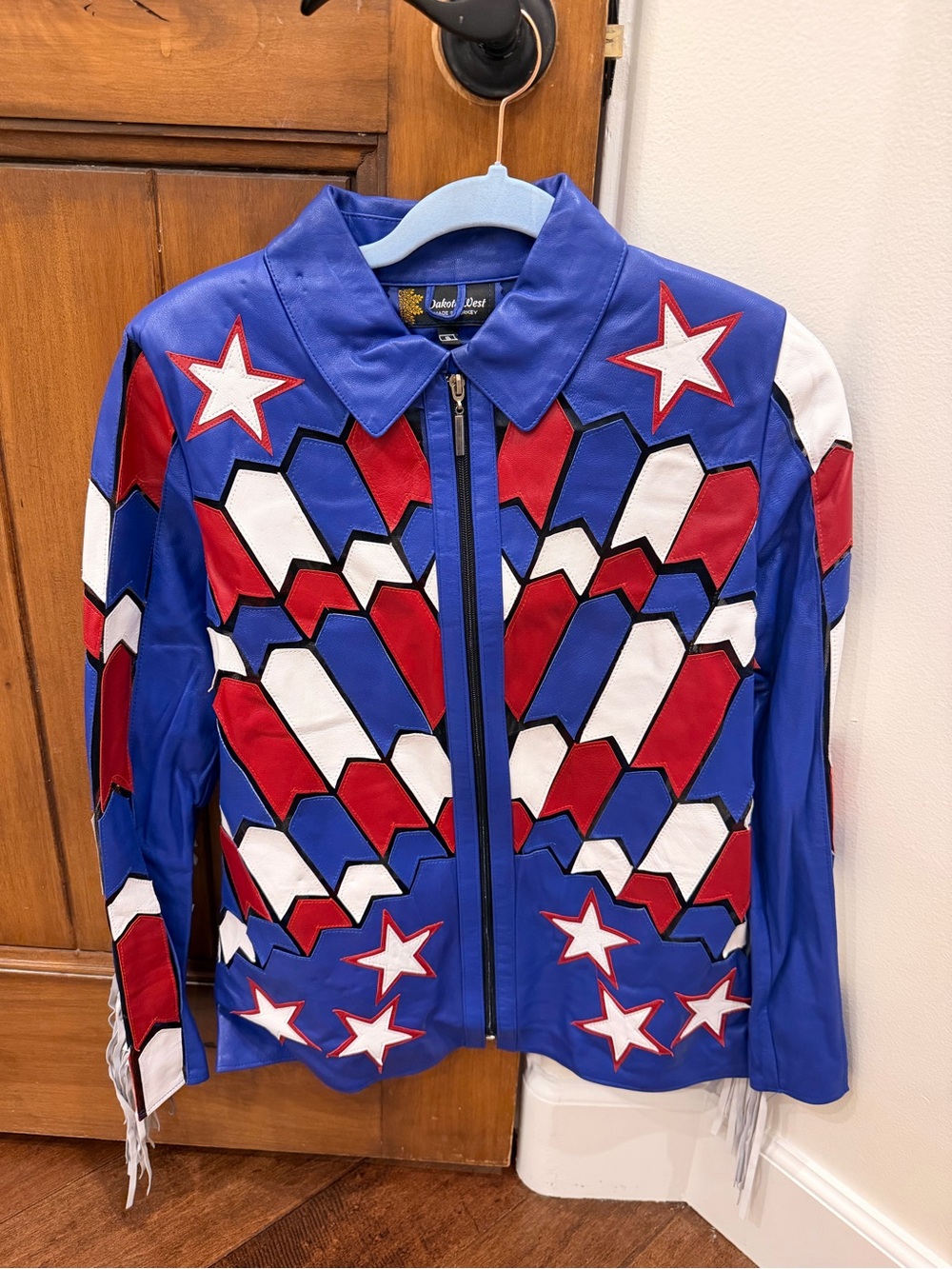Women’s Blue Red White Star Leather Jacket by Dakota West Leather